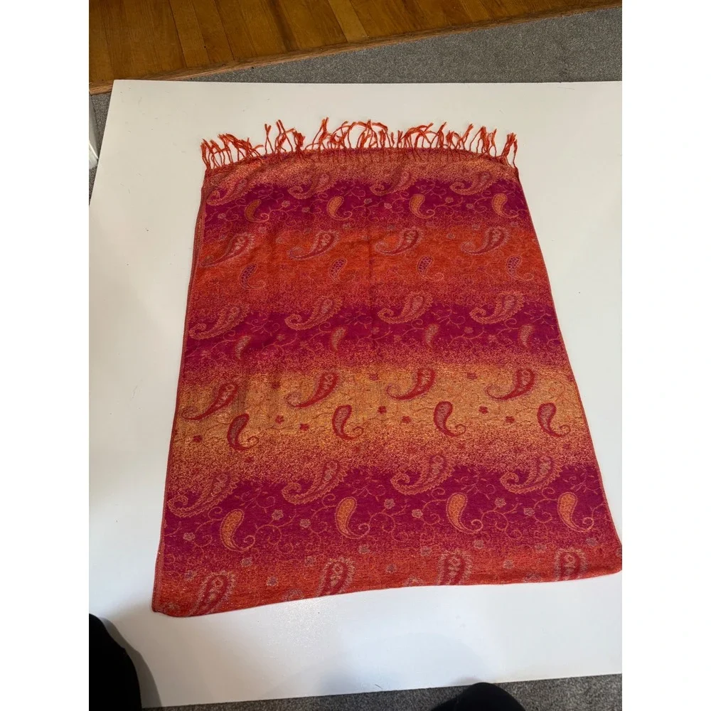 Pashmina Silk Blend Paisley Scarf Wrap Orange Pink Magenta Fringe Shawl
